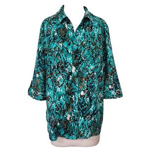 Maggie Barnes Top Womens 1X 18/20W Green Brown Button Front Collared 3/4 Sleeve